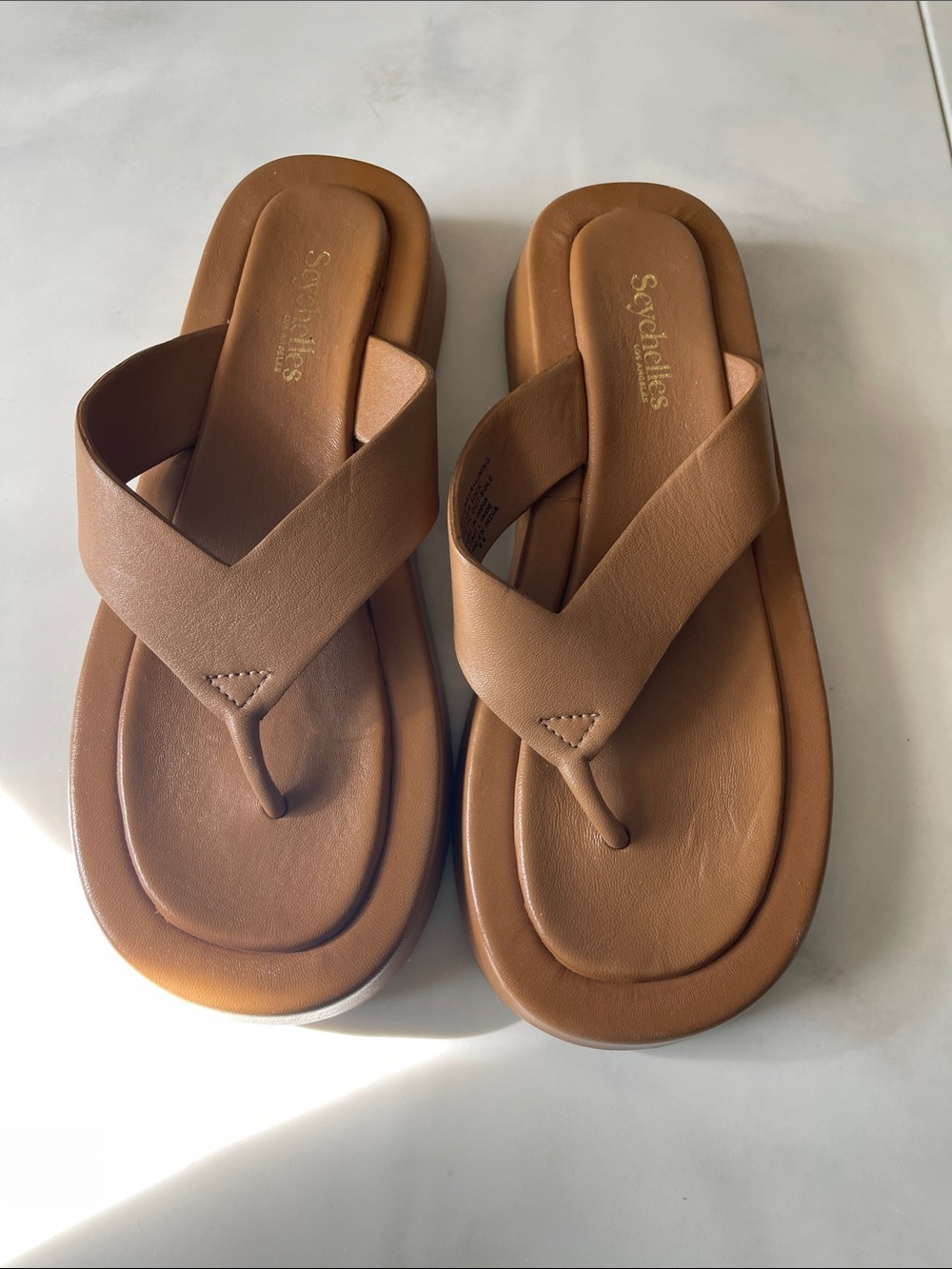 Seychelles Cognac Leather Thong Slide Sandals